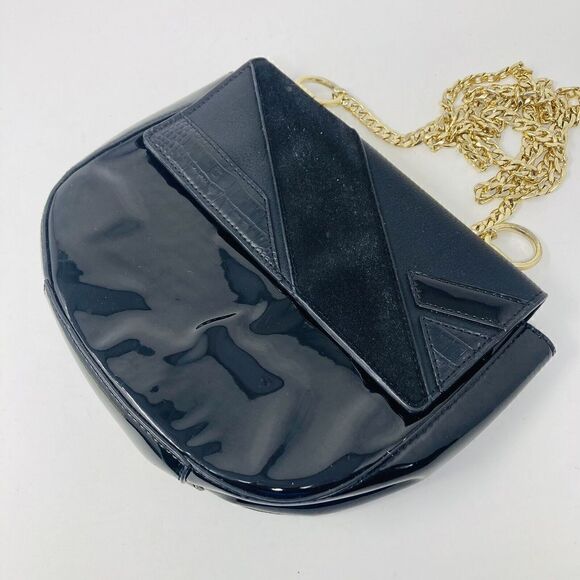 Kate Landry Black Patent Leather Handbag Purse Shoulder Bag Gold Chain Strap - Picture 1 of 7